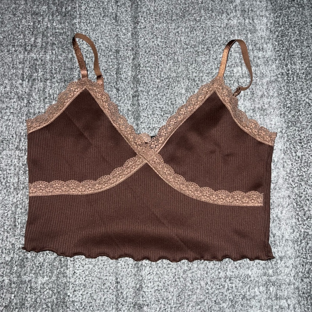 Divided Brown Indie Sleaze Cropped Boho Laced Trim Grunge Tank Top Sz Large